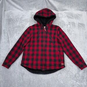 LL Bean Sherpa Fleece Lined Flannel Shirt Jacket Womens XS Scotch Plaid Hooded